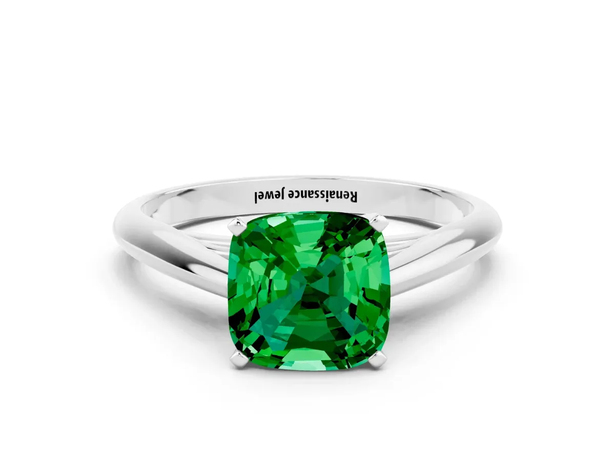 Cushion Cut Emerald Solitaire Engagement Ring with Cathedral Setting and Four-Prong Mount White gold