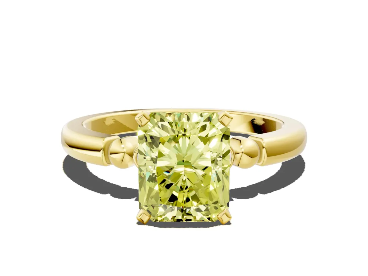 Fancy Yellow Radiant Cut Solitaire Beaded Band with Four-Prong Setting Yellow gold