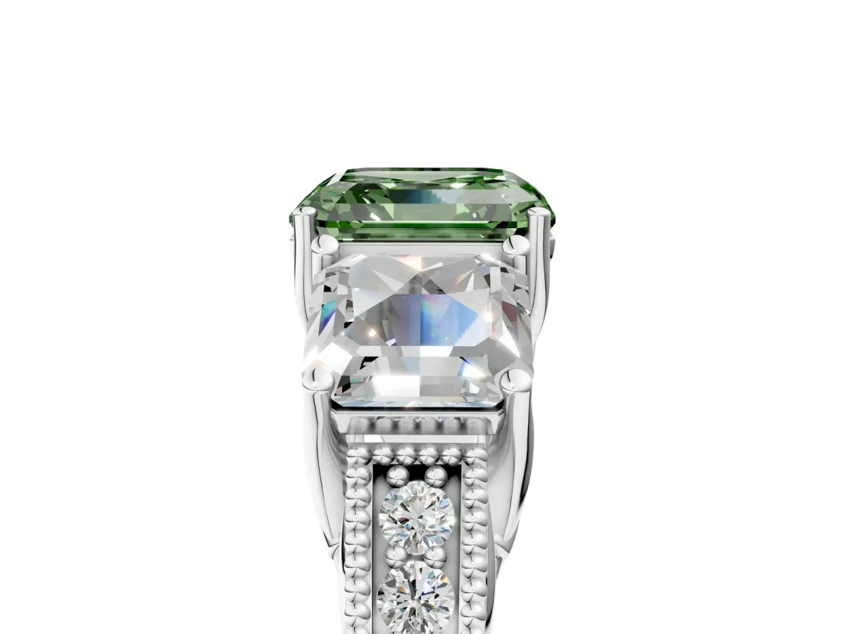 Fancy Green Three-Stone Asscher Cut Cut Milgrain Pavé Engagement Ring Platinum
