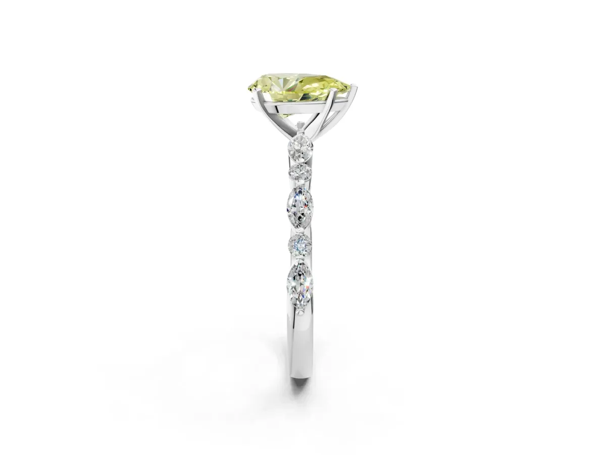 Fancy Yellow Pear Cut Diamond Ring with Marquise and Round Side Stones and Four-Prong Setting Silver
