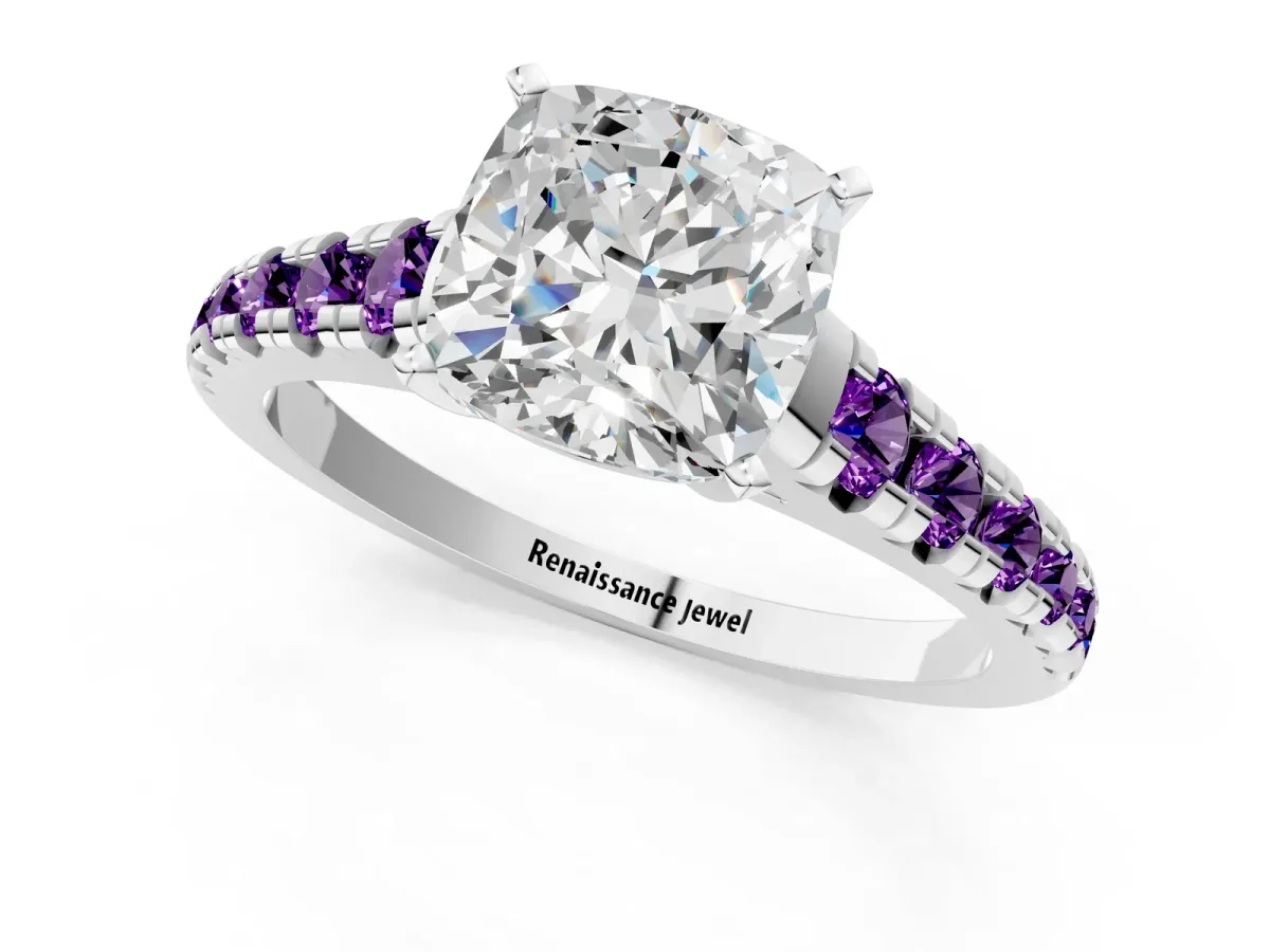 Cushion Cut Diamond Cathedral Solitaire Ring with Round Amethyst Pavé Band Platinum