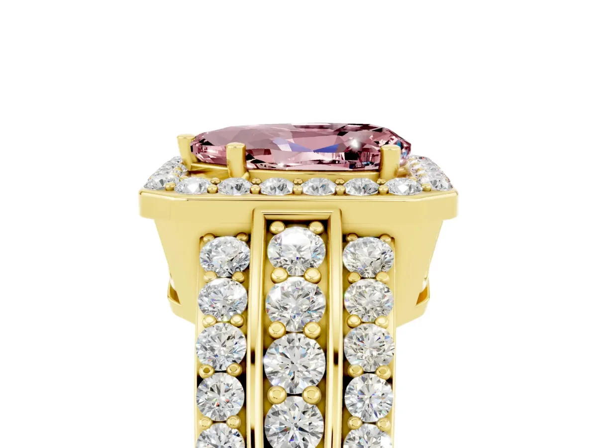 Pear Cut Halo Morganite Ring with Round Split Shank and Prong Setting Yellow gold