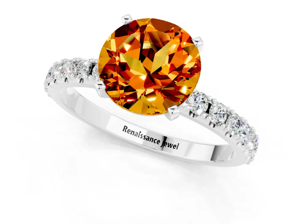 Round Cut Citrine Solitaire Pavé Band with Four-Prong Setting White gold