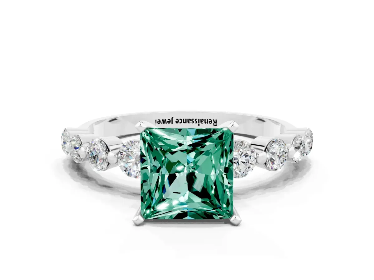 Princess Cut Solitaire Green Sapphire Ring with Pave Band and Four-Prong Setting Silver