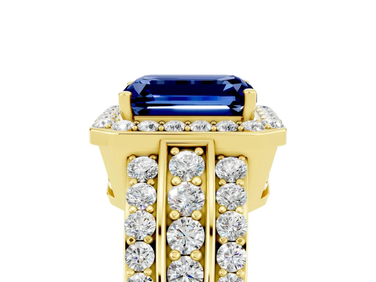 Emerald Cut Halo Blue Sapphire Ring with Round Split Shank and Prong Setting Yellow gold