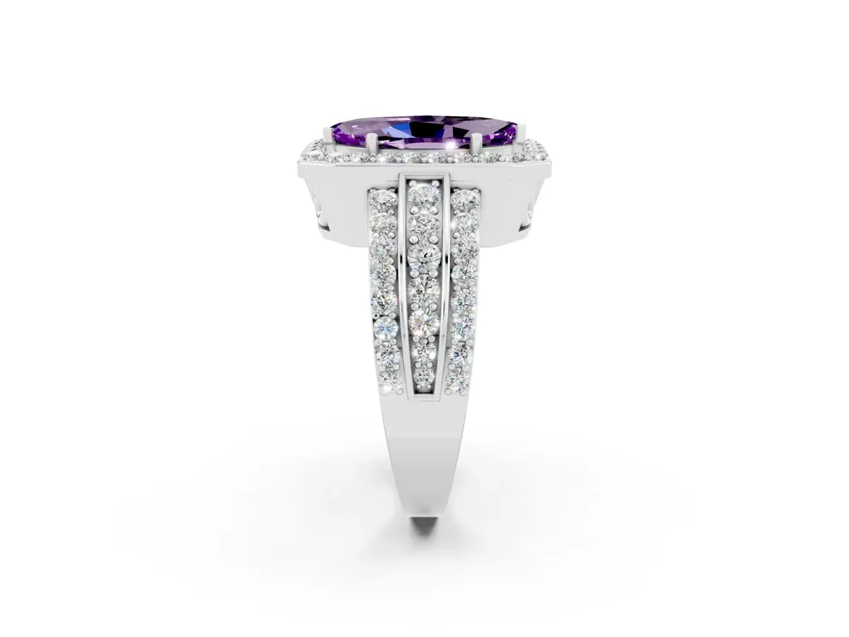 Marquise Cut Halo Amethyst Ring with Round Split Shank and Prong Setting Platinum