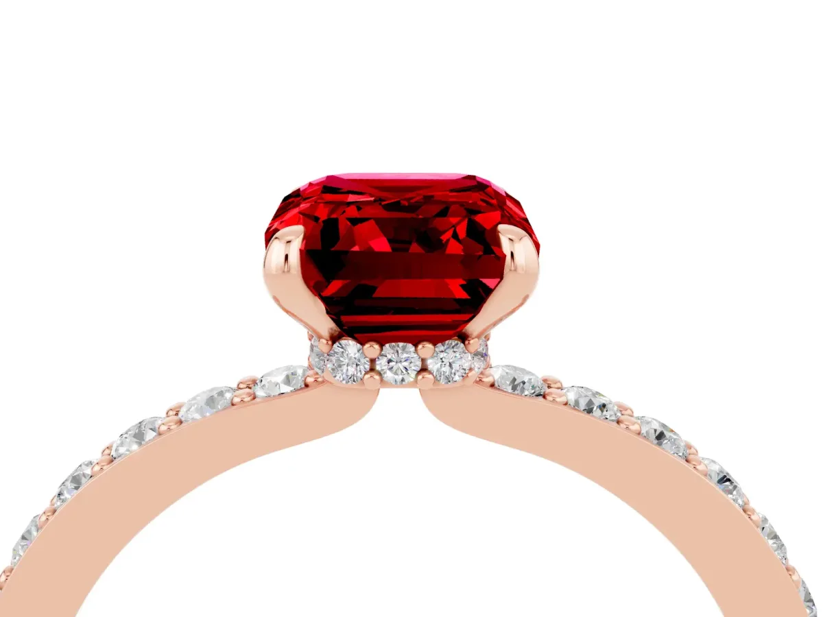 Emerald Cut Ruby Solitaire Engagement Ring with Pavé Band and Four-Prong Setting Rose gold