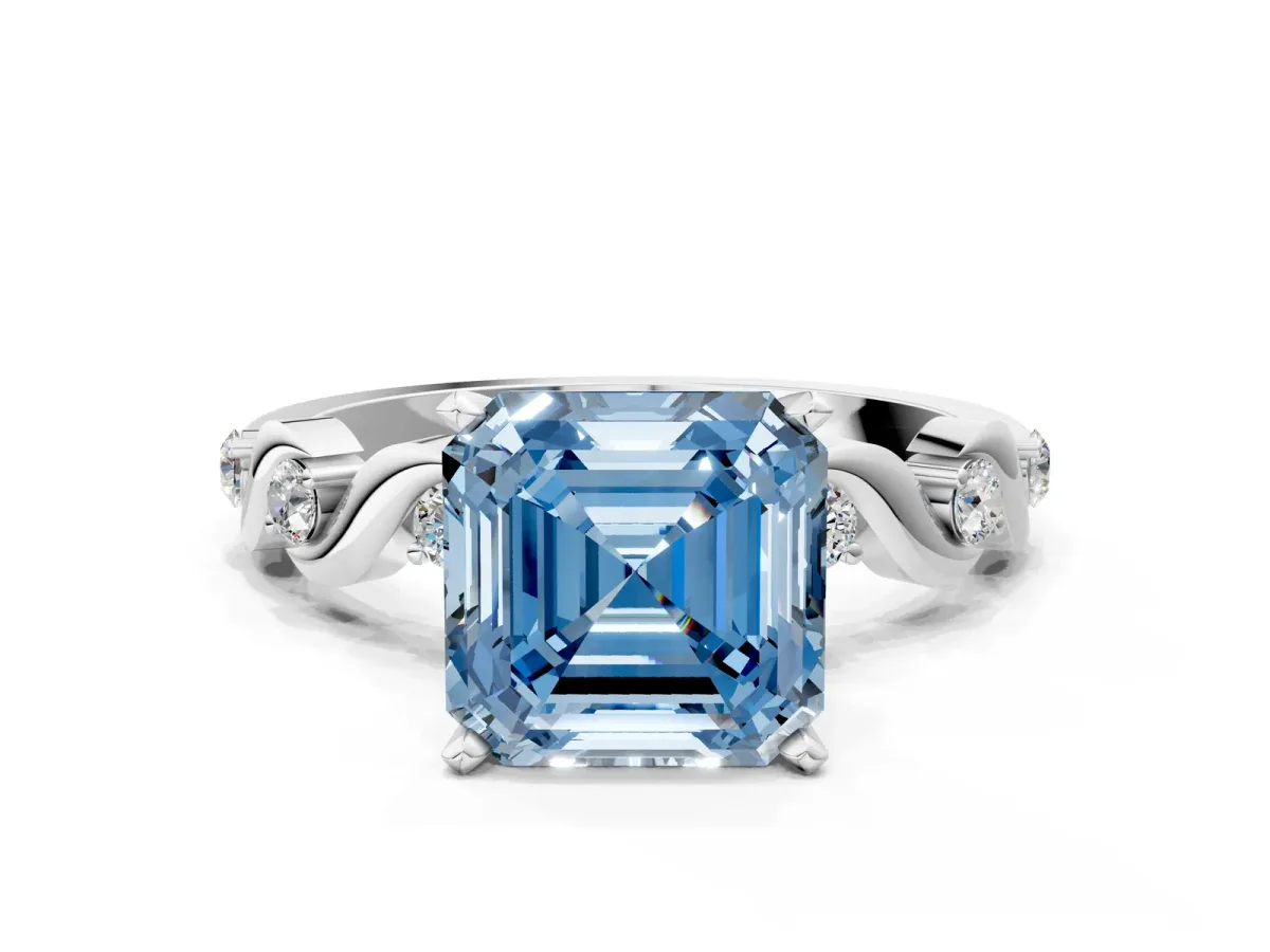 Fancy Blue Asscher Cut Diamond Solitaire Twisted Band with Round Accents and Prong Setting Silver