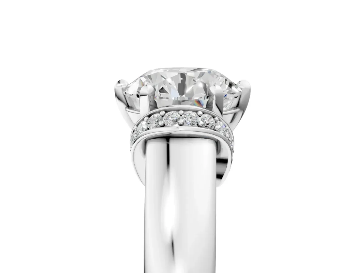 Round Cut Solitaire Diamond Ring with Pave Band and Six-Prong Setting Silver