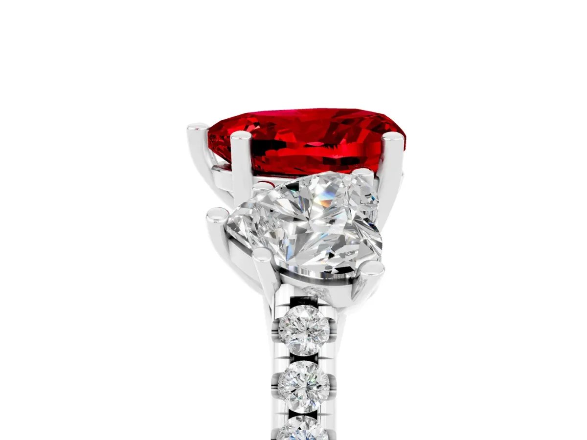 Three-Stone Heart Cut Ruby Ring with Round Pavé Band and Prong Setting Silver