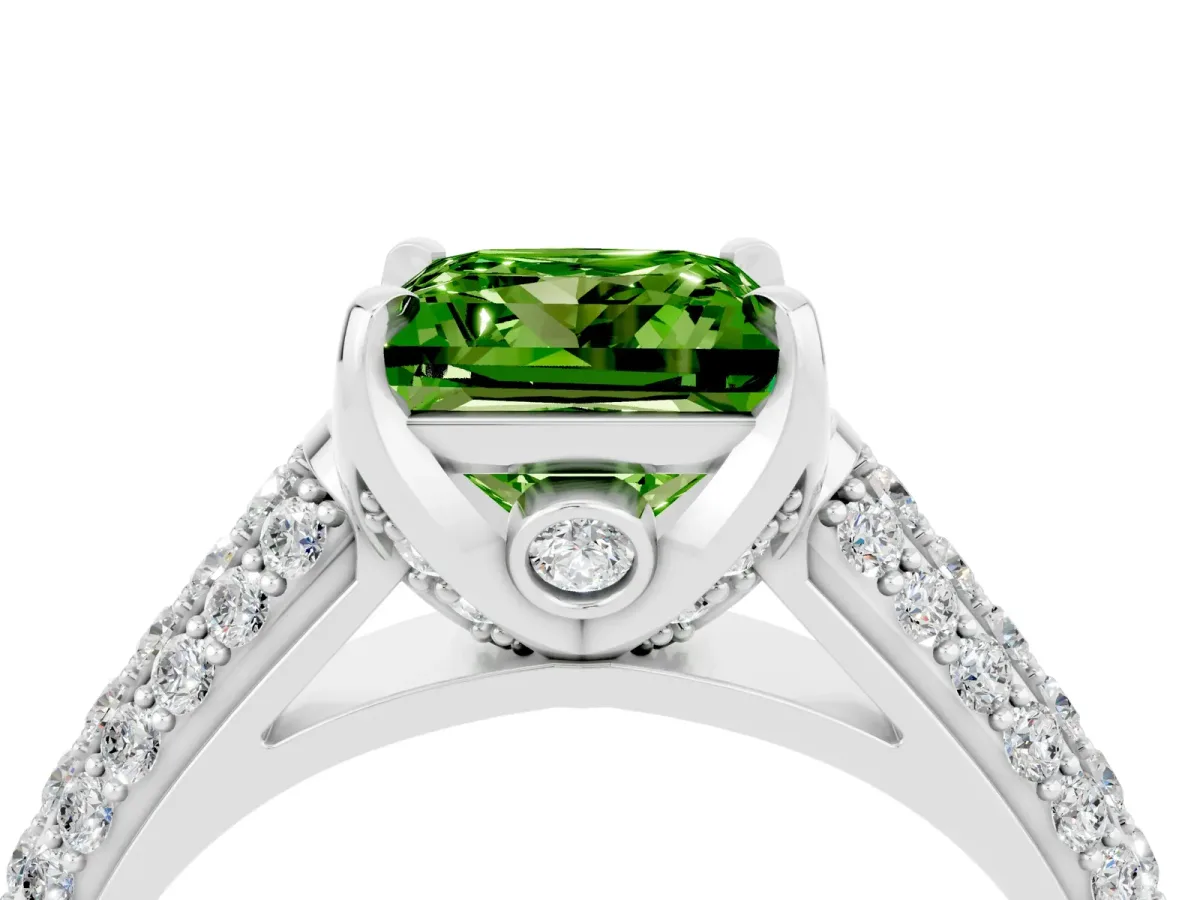 Princess Cut Peridot Solitaire Ring with Three-Row Pavé Band and Four-Prong Setting Platinum