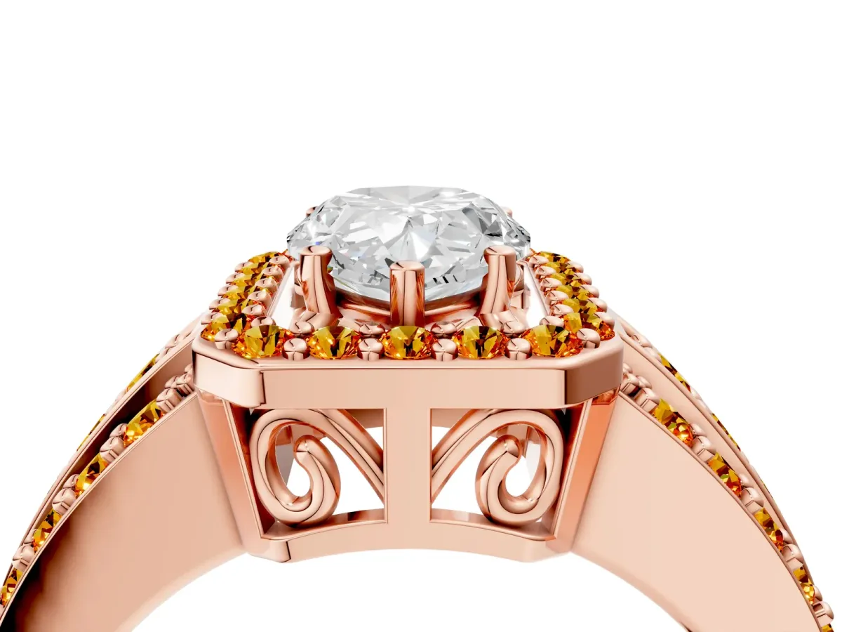 Pear Cut Halo Diamond Ring with Round Citrine Split Shank and Prong Setting Rose gold