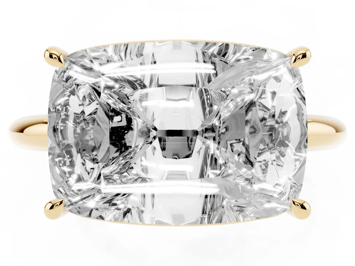 Old Mine Elongated Cushion Diamond East-West Bezel Set Four Claw Solitaire Ring Yellow gold