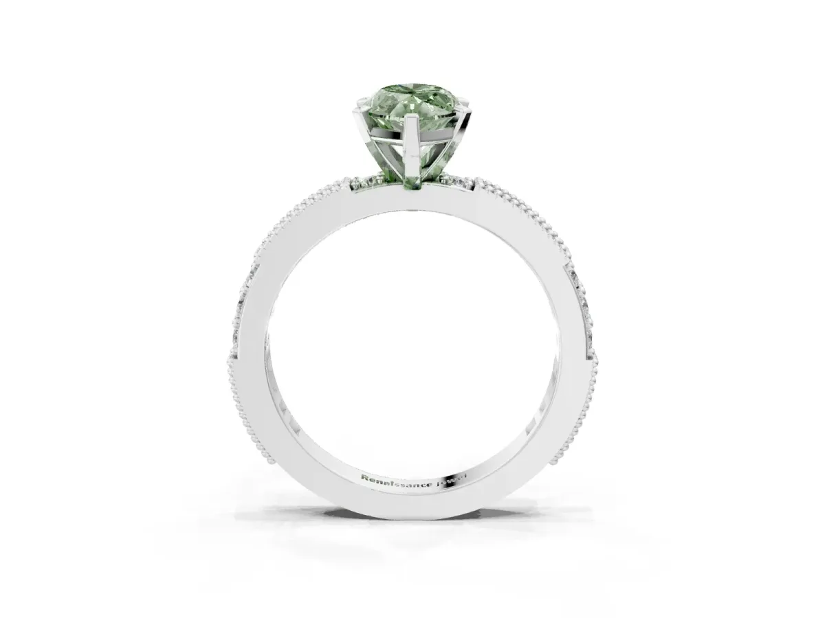 Fancy Green Marquise Cut Solitaire with Pavé Band and Four-Prong Setting Silver