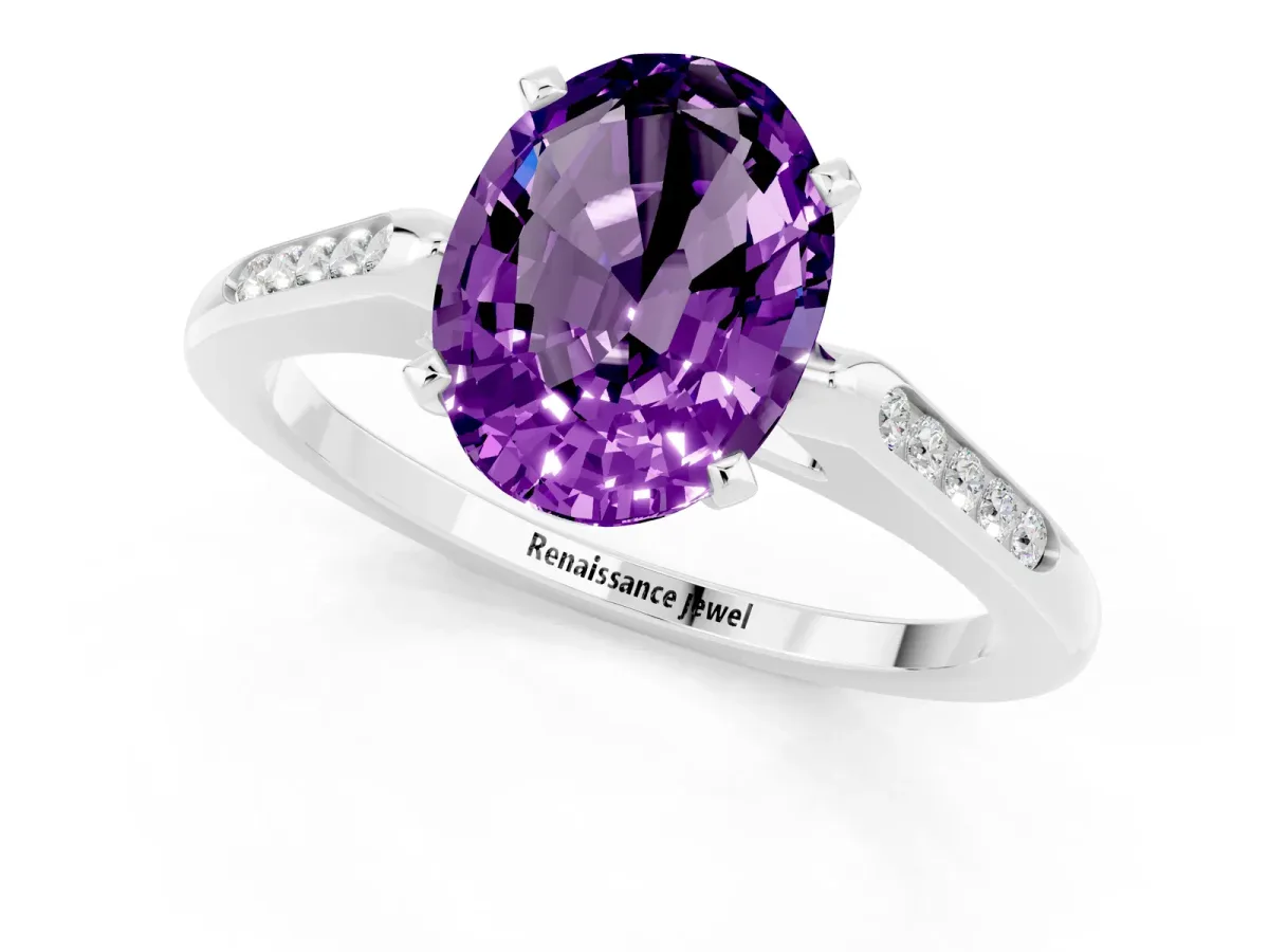 Oval Cut Amethyst Solitaire Ring with Channel Set Round Band and Prong Setting Silver