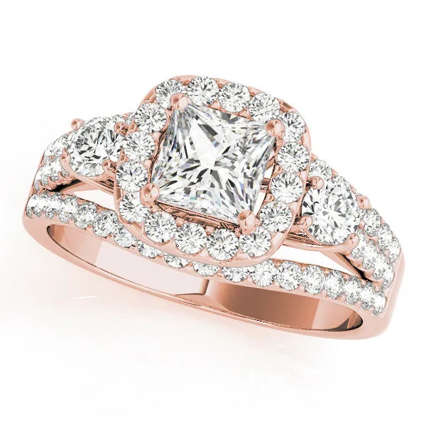 Halo Princess Cut Cut Split Shank Diamond Ring with Four-Prong Setting Rose gold