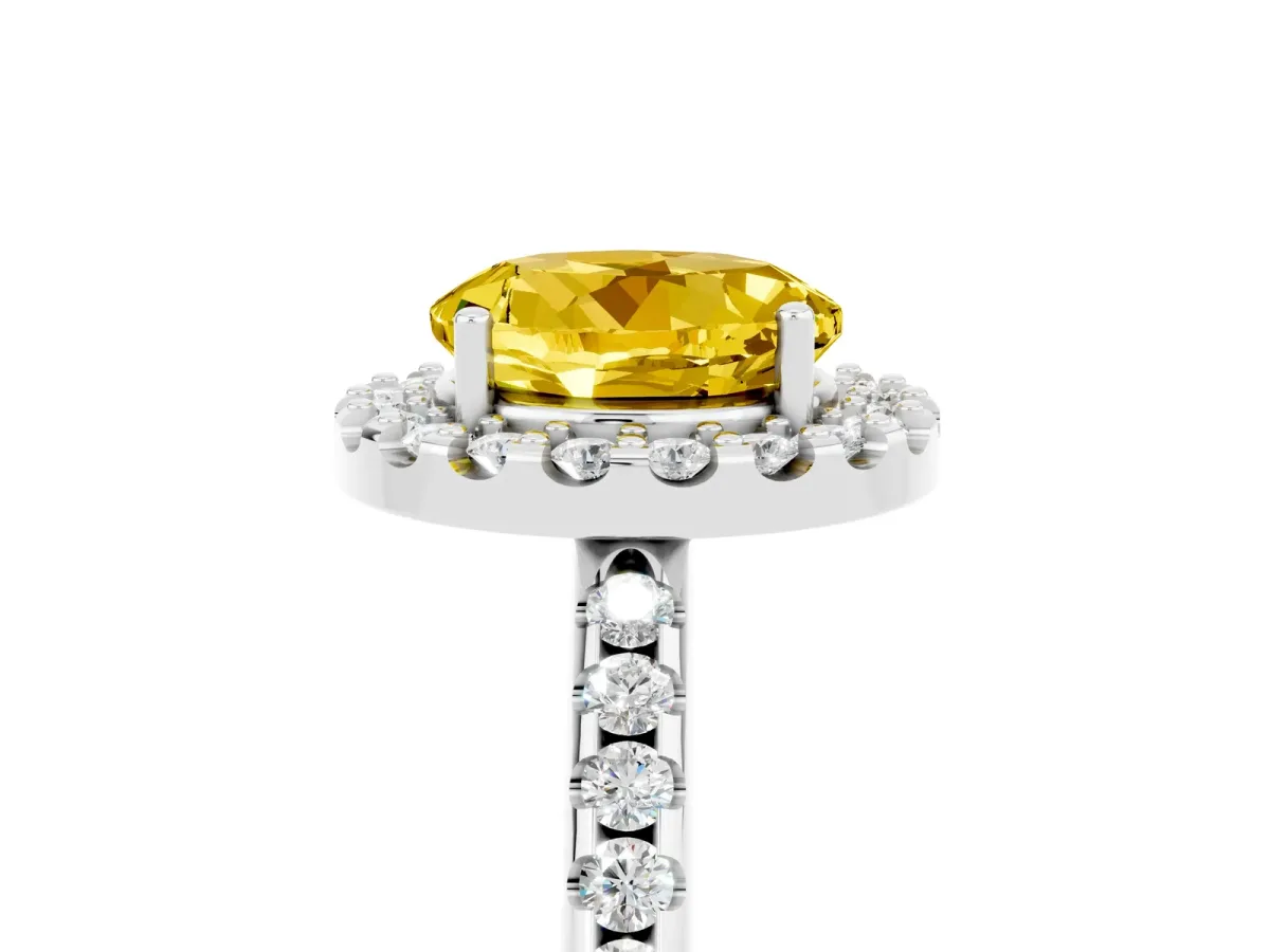 Round Cut Yellow Sapphire Pavé Halo Ring with Four-Prong Setting Platinum