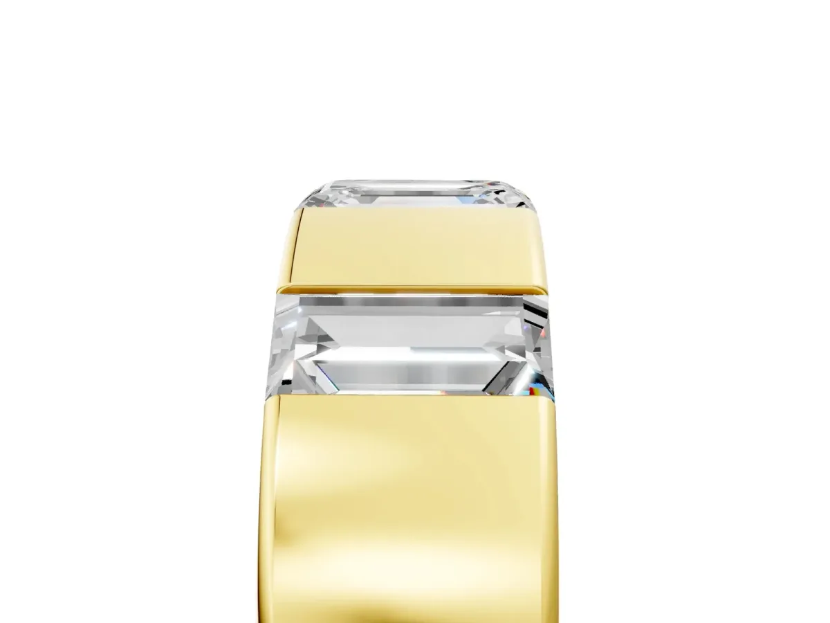Emerald Cut Diamond Three-Stone Mens Ring with Baguette Side Stones Yellow gold