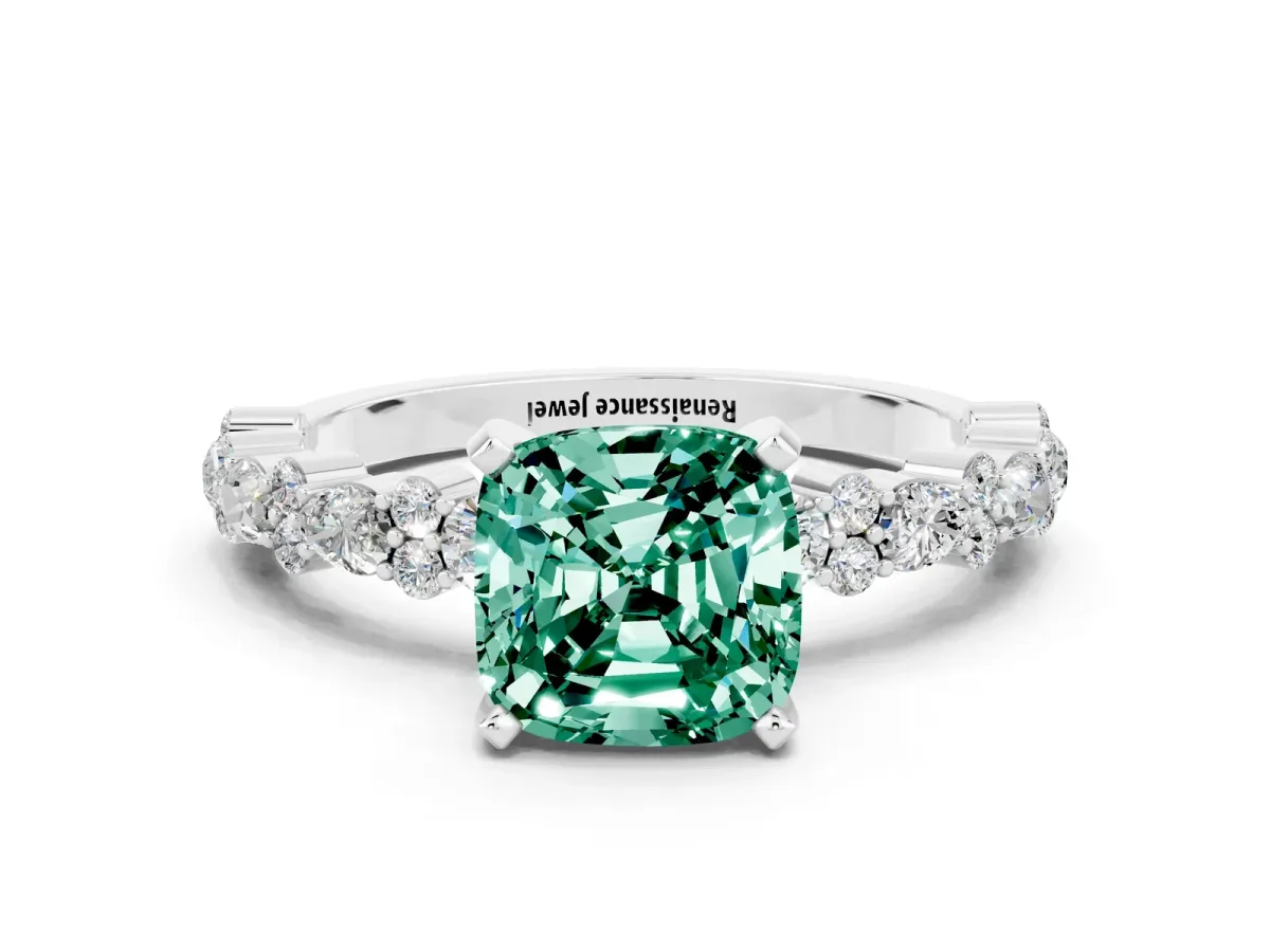 Cushion Cut Green Sapphire Side Stone Solitaire Ring with Round and Four-Prong Setting Silver