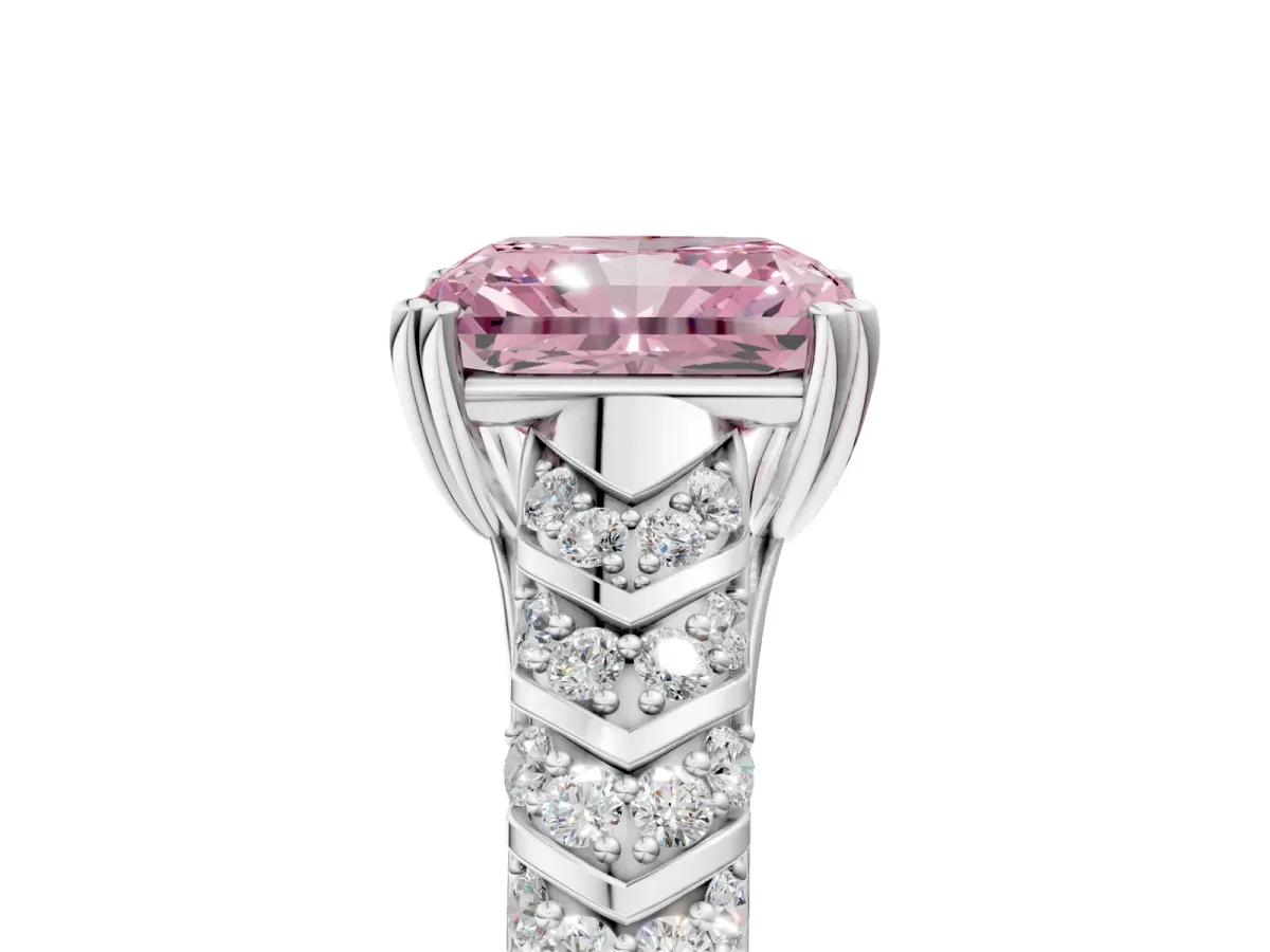Fancy Pink Radiant Cut Solitaire Chevron Pave Diamond Engagement Ring with Six-Prong Setting Platinum