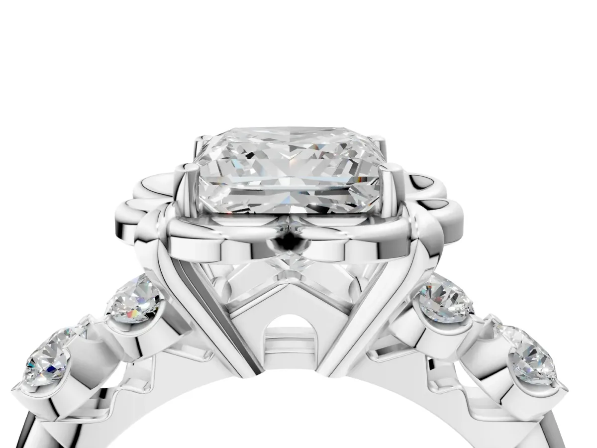 Princess Cut Cut Diamond Floral Halo Engagement Ring with Shared Prong Setting Silver