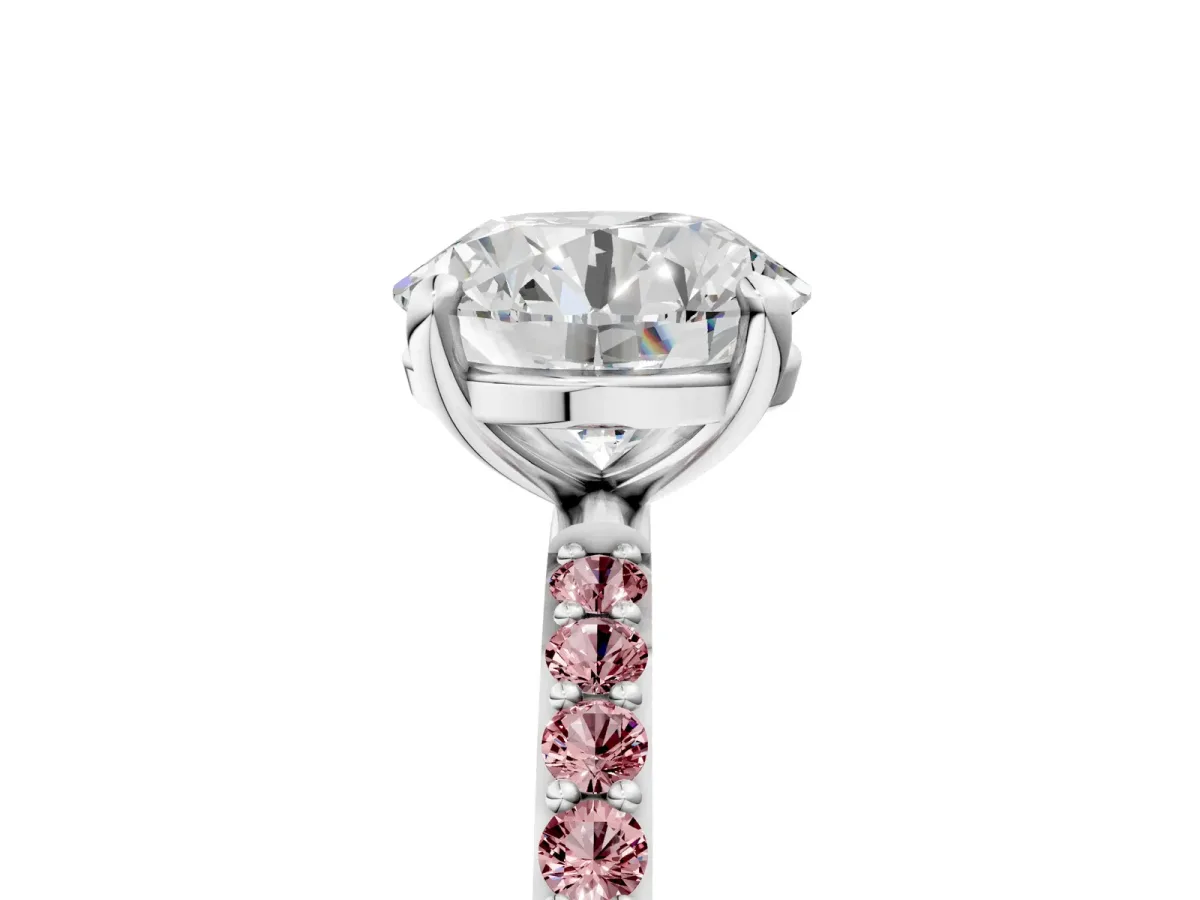 Round Cut Diamond Solitaire Ring with Round Morganite Pavé Band and Prong Setting Silver