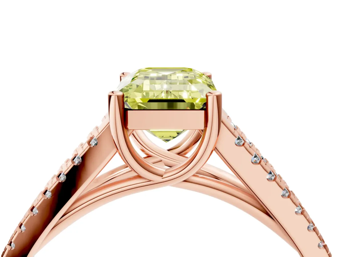 Fancy Yellow Emerald Cut Diamond Solitaire Engagement Ring with Split Shank Pavé Band Rose gold