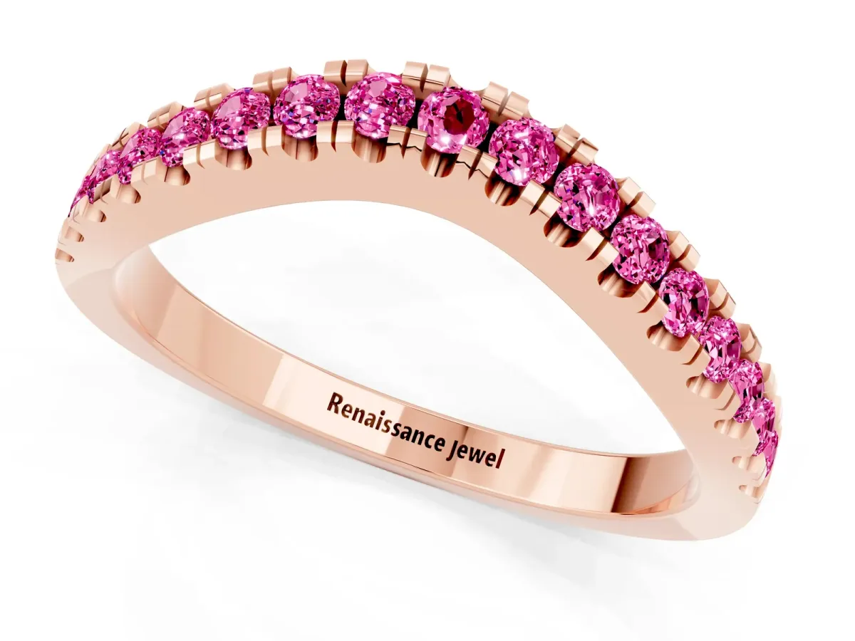 Round Pink Sapphire Pavé Curved Band with Shared Prong Setting Rose gold