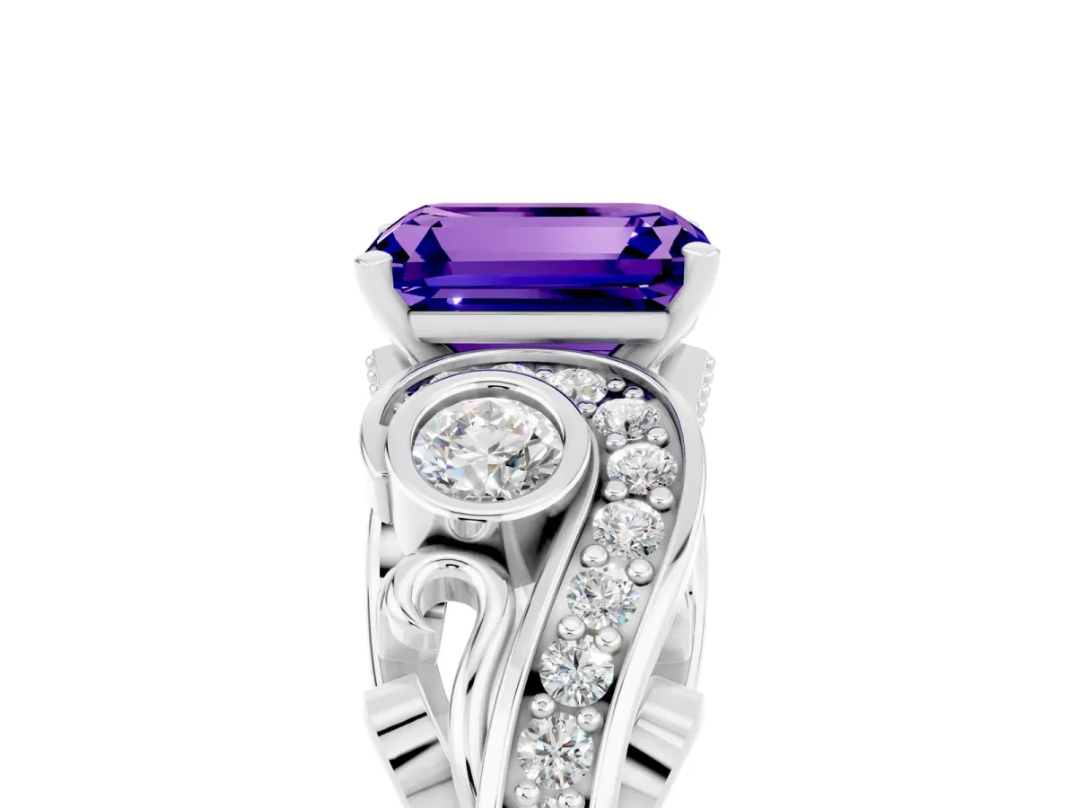 Emerald Cut Tanzanite Solitaire Ring with Milgrain Pavé Band and Four-Prong Setting Silver