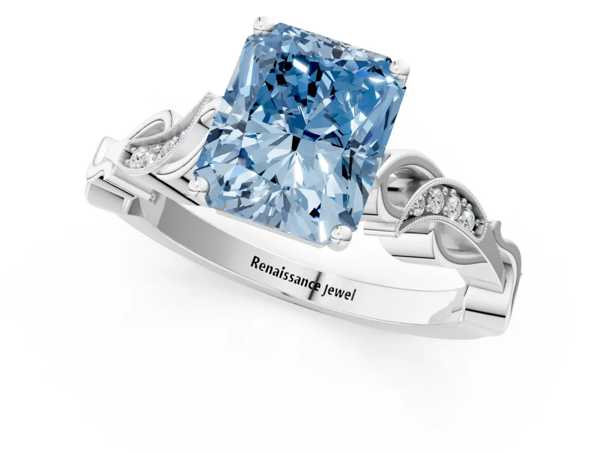 Fancy Blue Radiant Cut Solitaire Vine Band with Milgrain Prong Setting Platinum