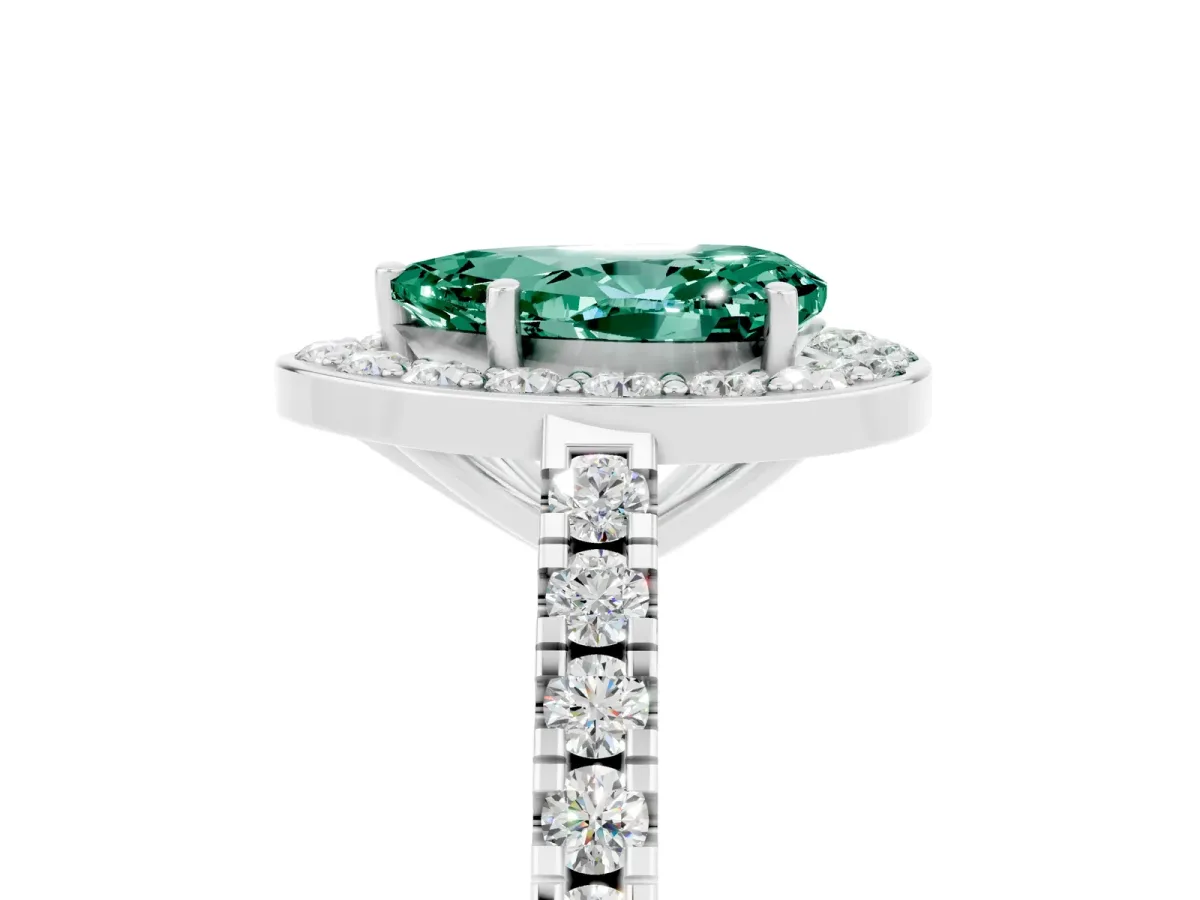 Pear Cut Green Sapphire Halo Ring with Round Pavé Split Shank and Prong Setting Platinum