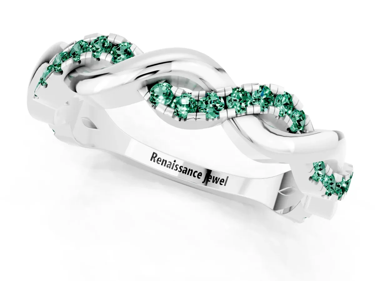 Pavé Round Green Sapphire Twist Eternity Band with Shared Prong Setting Silver