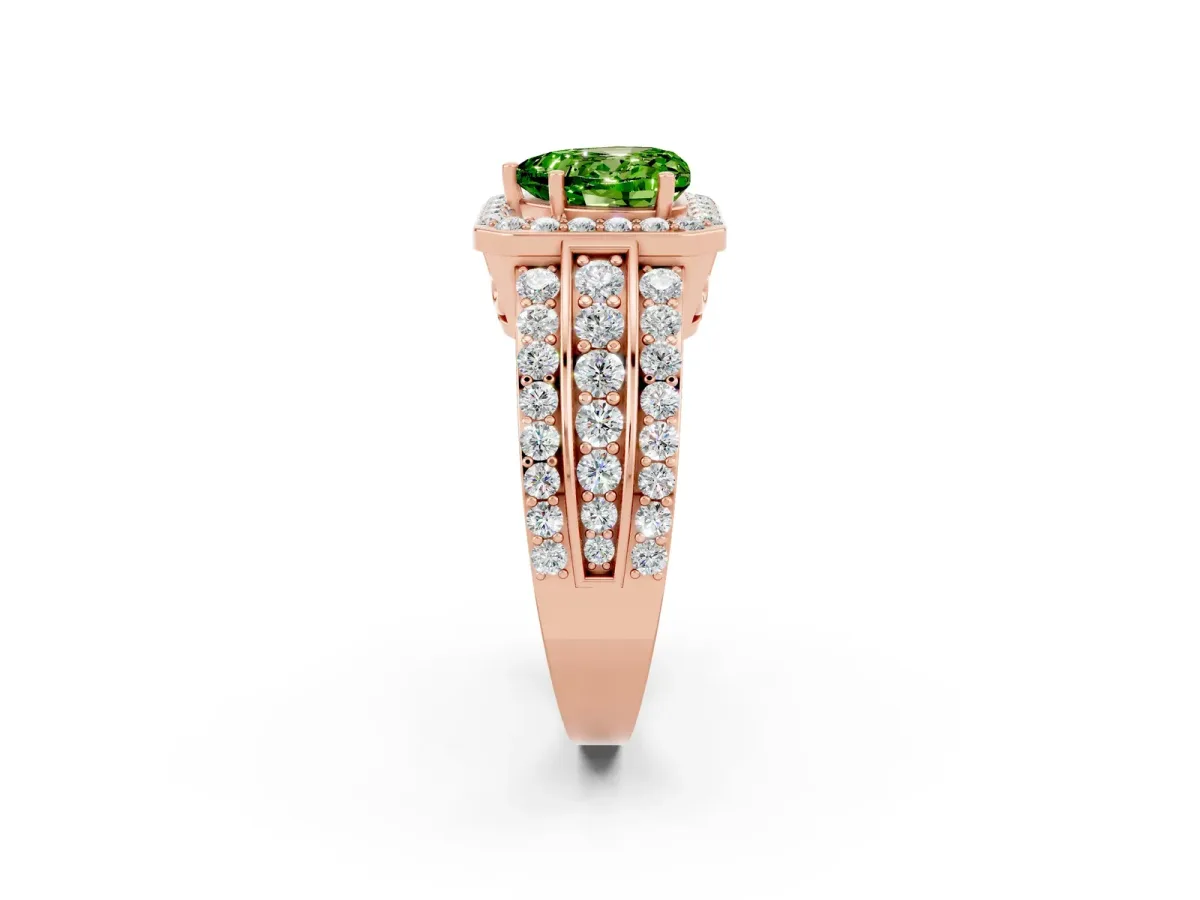 Heart Cut Halo Peridot Ring with Round Split Shank and Prong Setting Rose gold