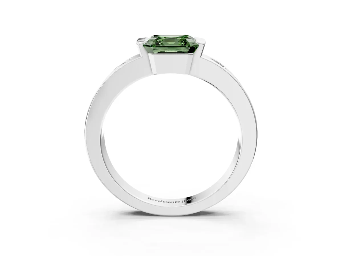 Fancy Green Asscher Cut Brilliant Channel-Set Diamond Ring with Bezel Prong Setting Platinum