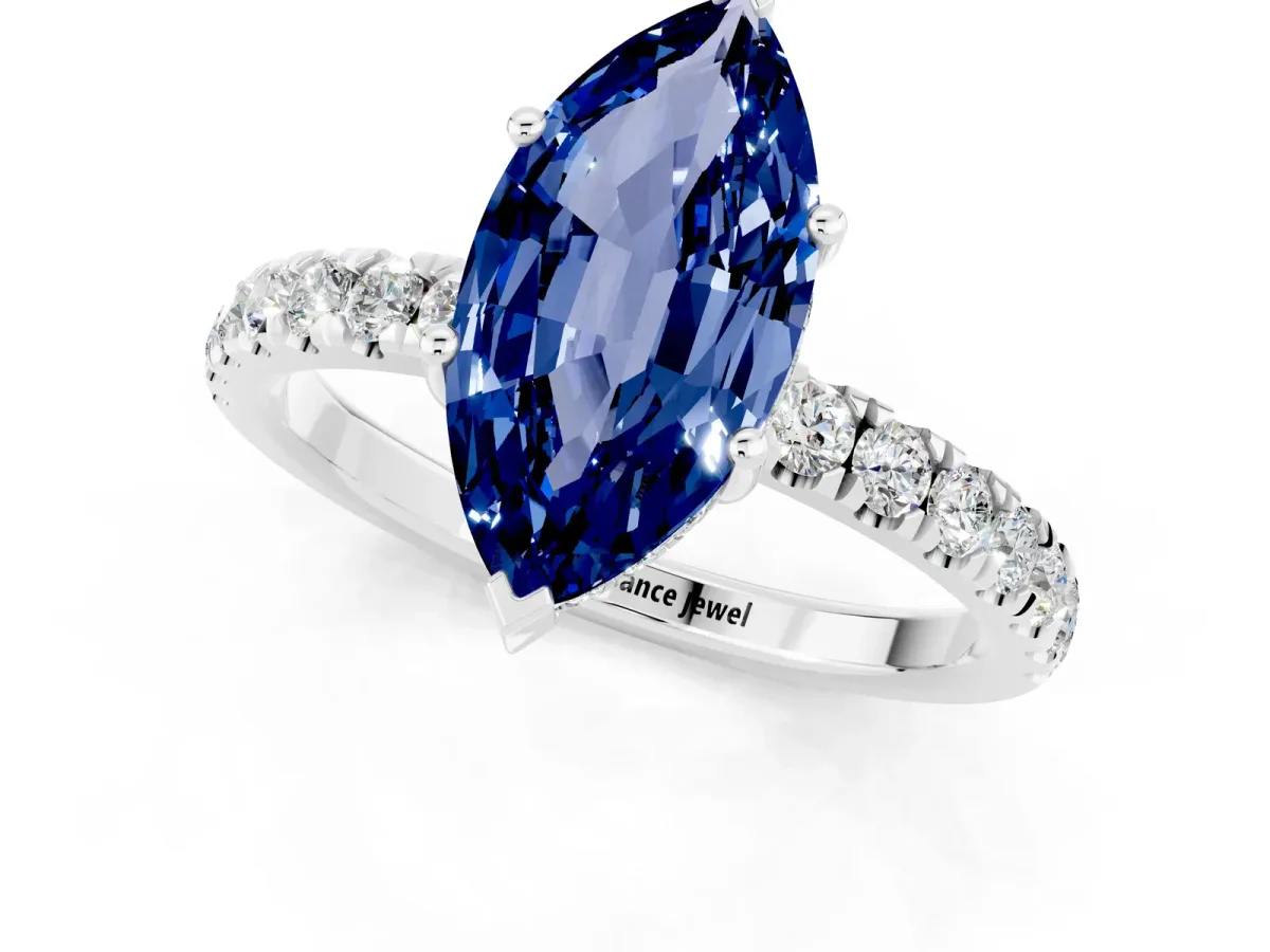 Marquise Cut Blue Sapphire Pave Band Solitaire Ring with Round and Prong Setting Silver