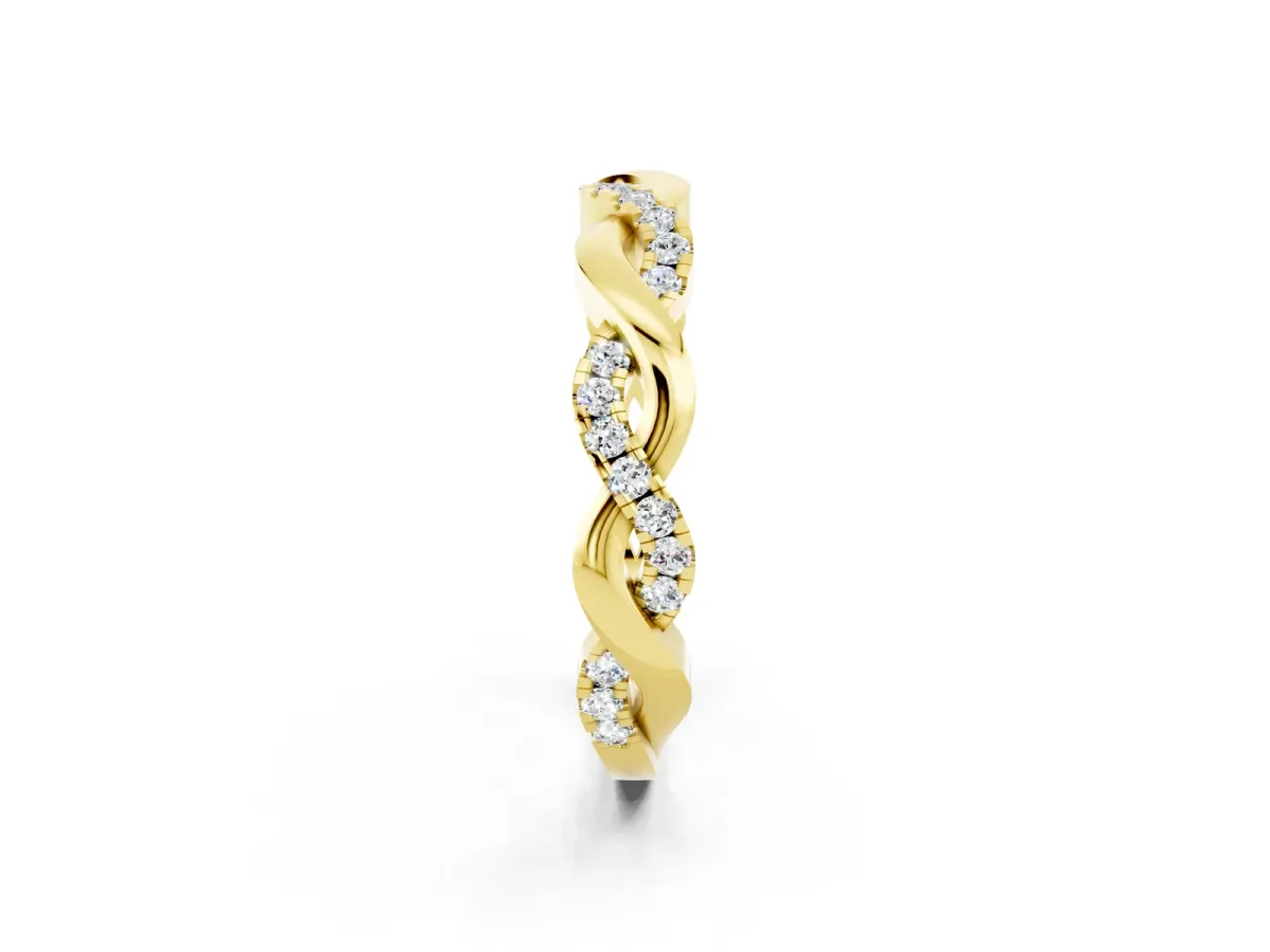 Pavé Round Moissanite Twist Eternity Band with Shared Prong Setting Yellow gold