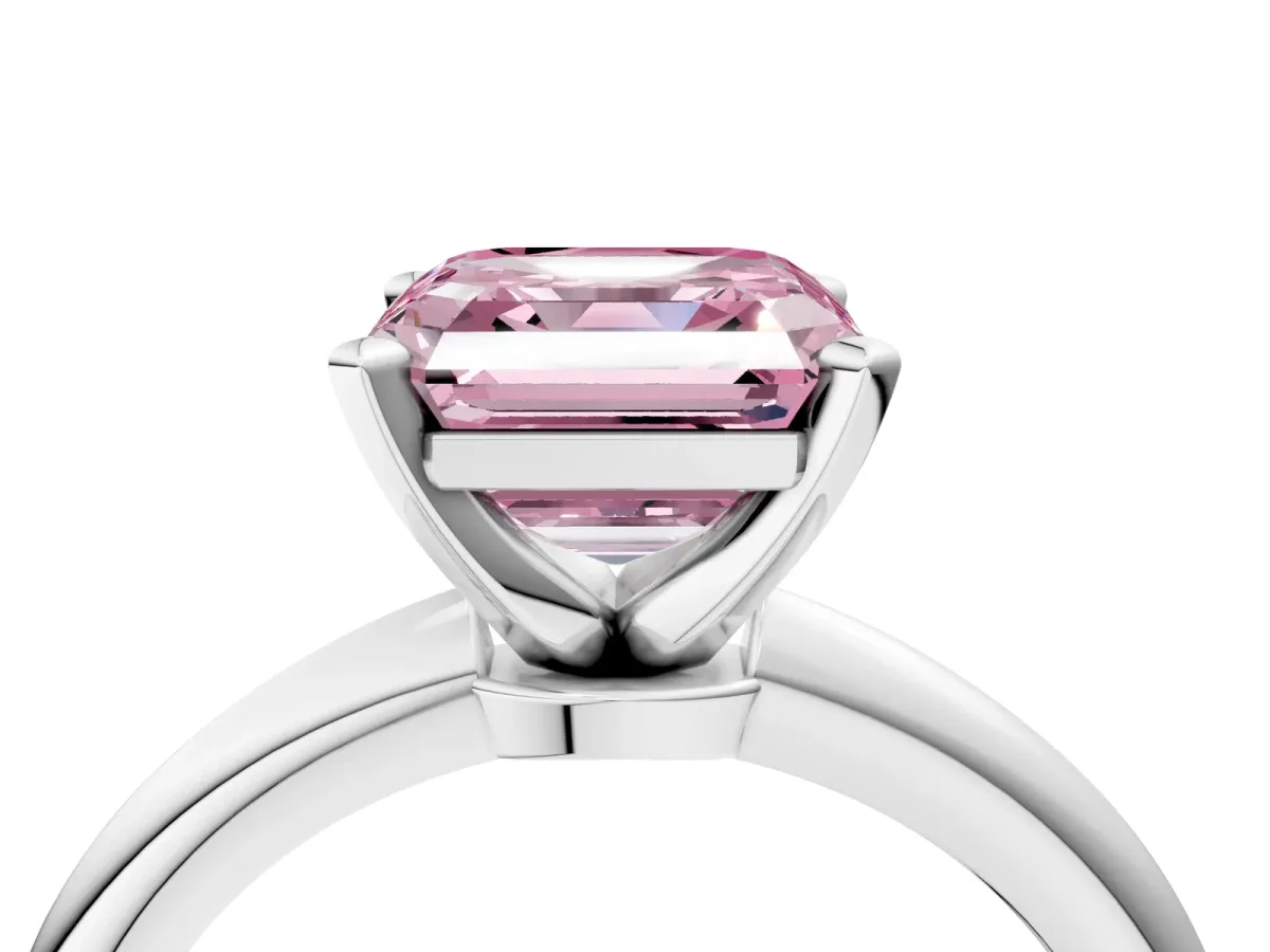 Fancy Pink Asscher Cut Diamond Solitaire Ring with Six-Prong Setting and Classic Band Silver