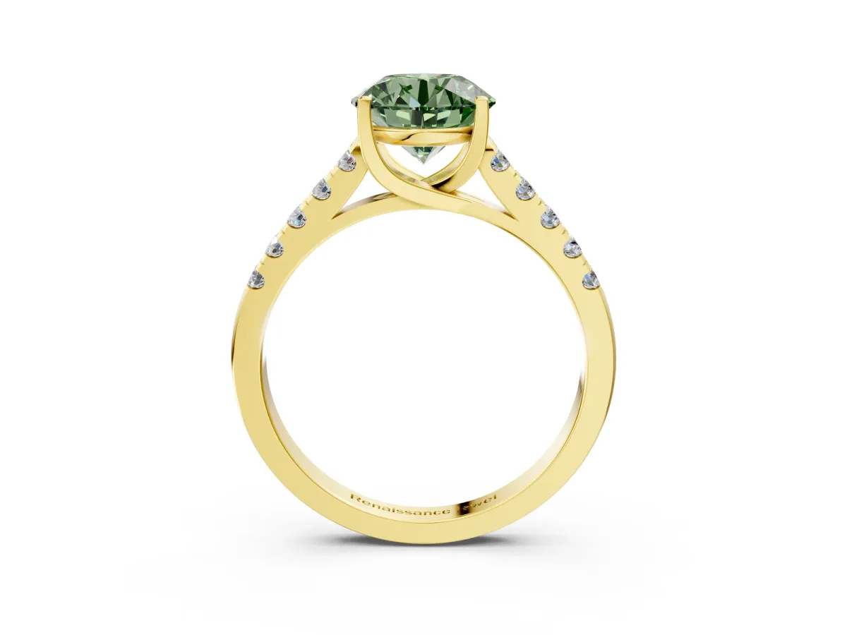 Fancy Green Round Cut Diamond Pavé Band Solitaire Ring with Prong Setting Yellow gold