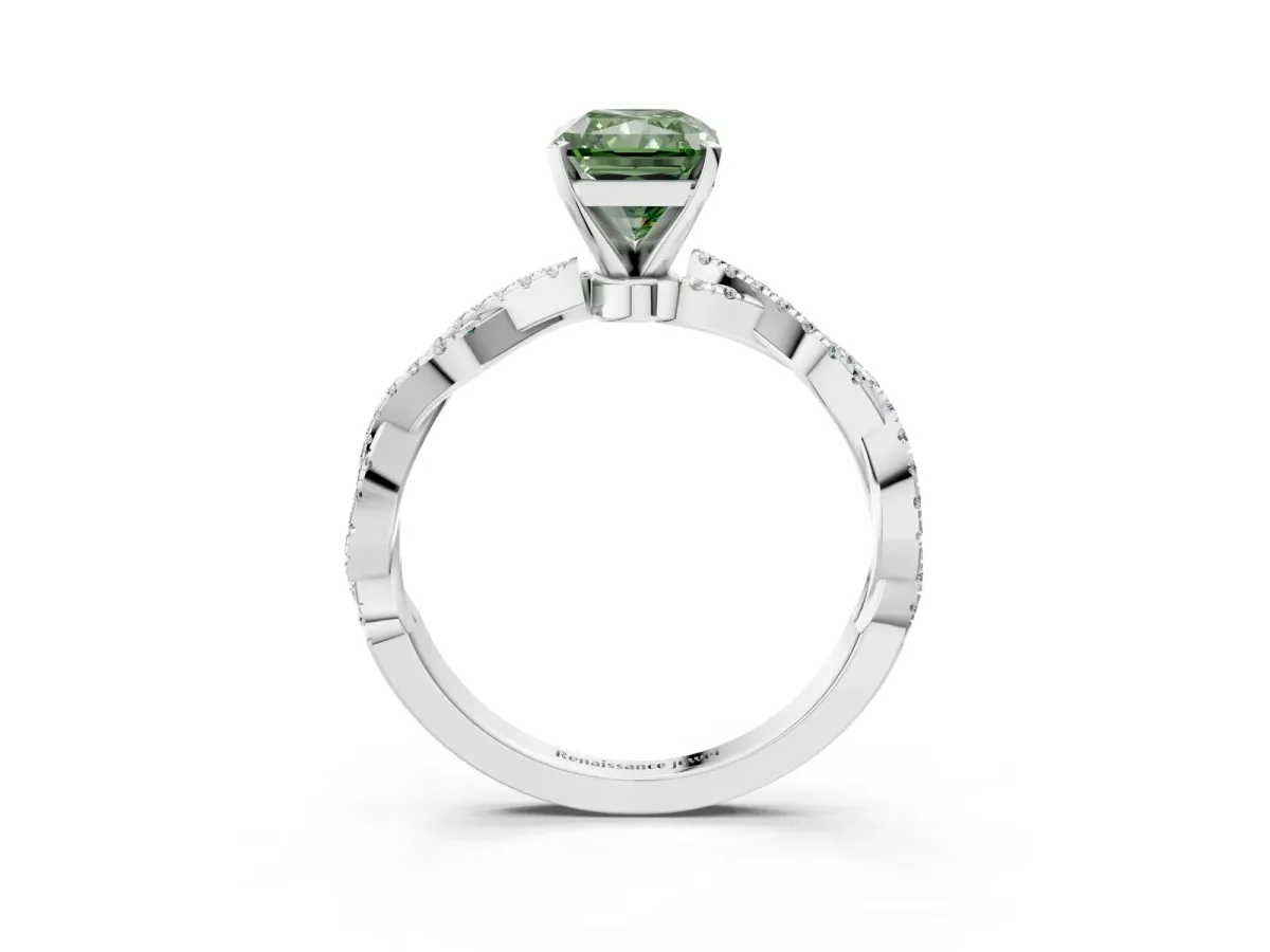Fancy Green Radiant Cut Solitaire Twisted Pave Band with Four-Prong Setting Platinum