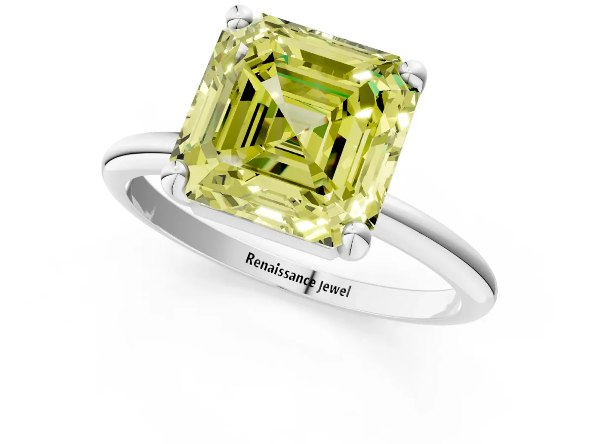 Fancy Yellow Asscher Cut Solitaire Diamond Ring with 4-Prong Setting on a Classic Band White gold