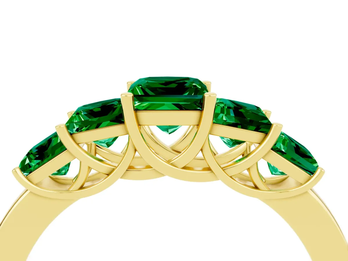 Princess Cut Five-Stone Emerald Ring with Classic Prong Setting Yellow gold
