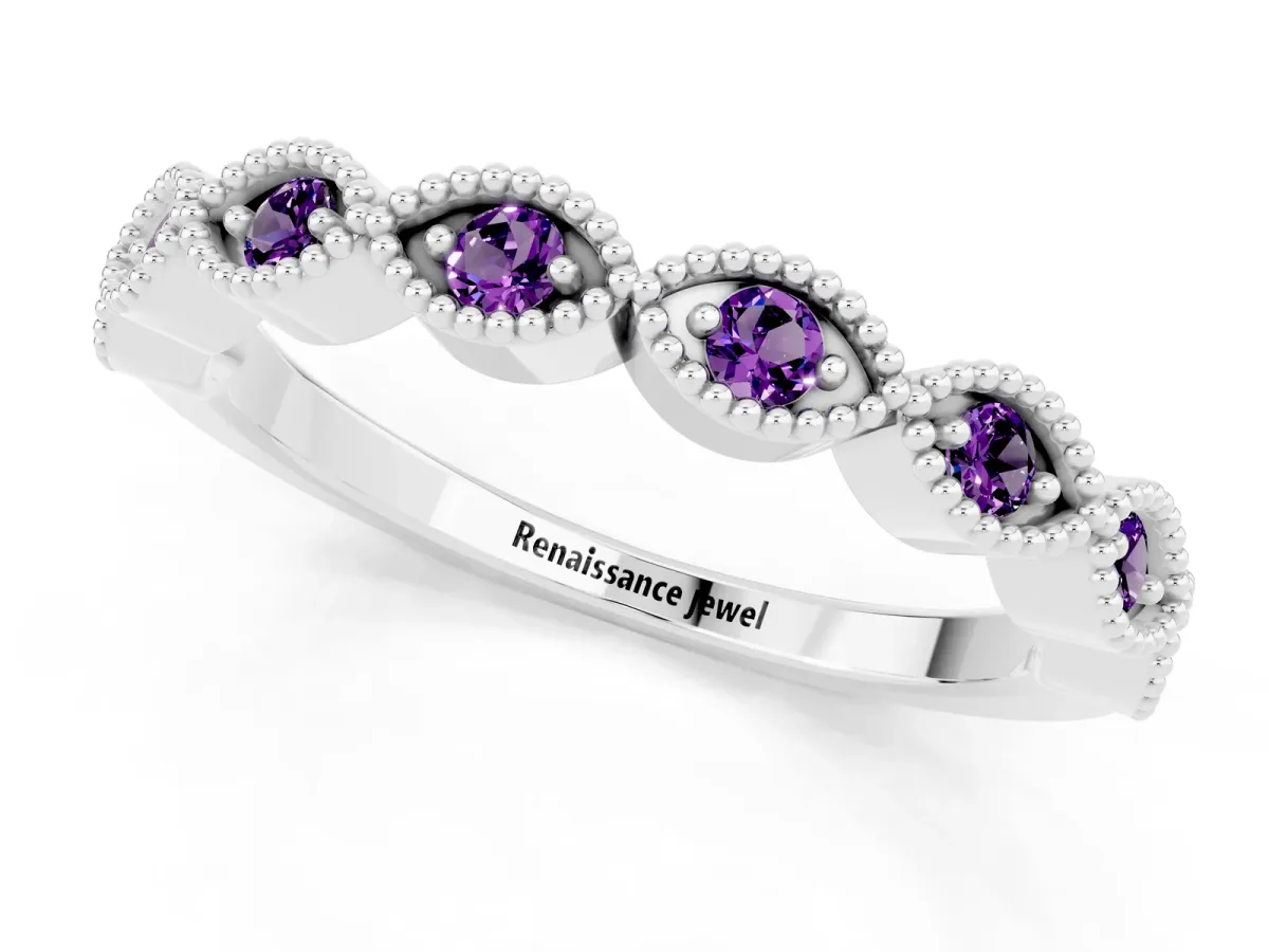 Milgrain Marquise Amethyst Half Eternity Band with Bezel Setting Platinum