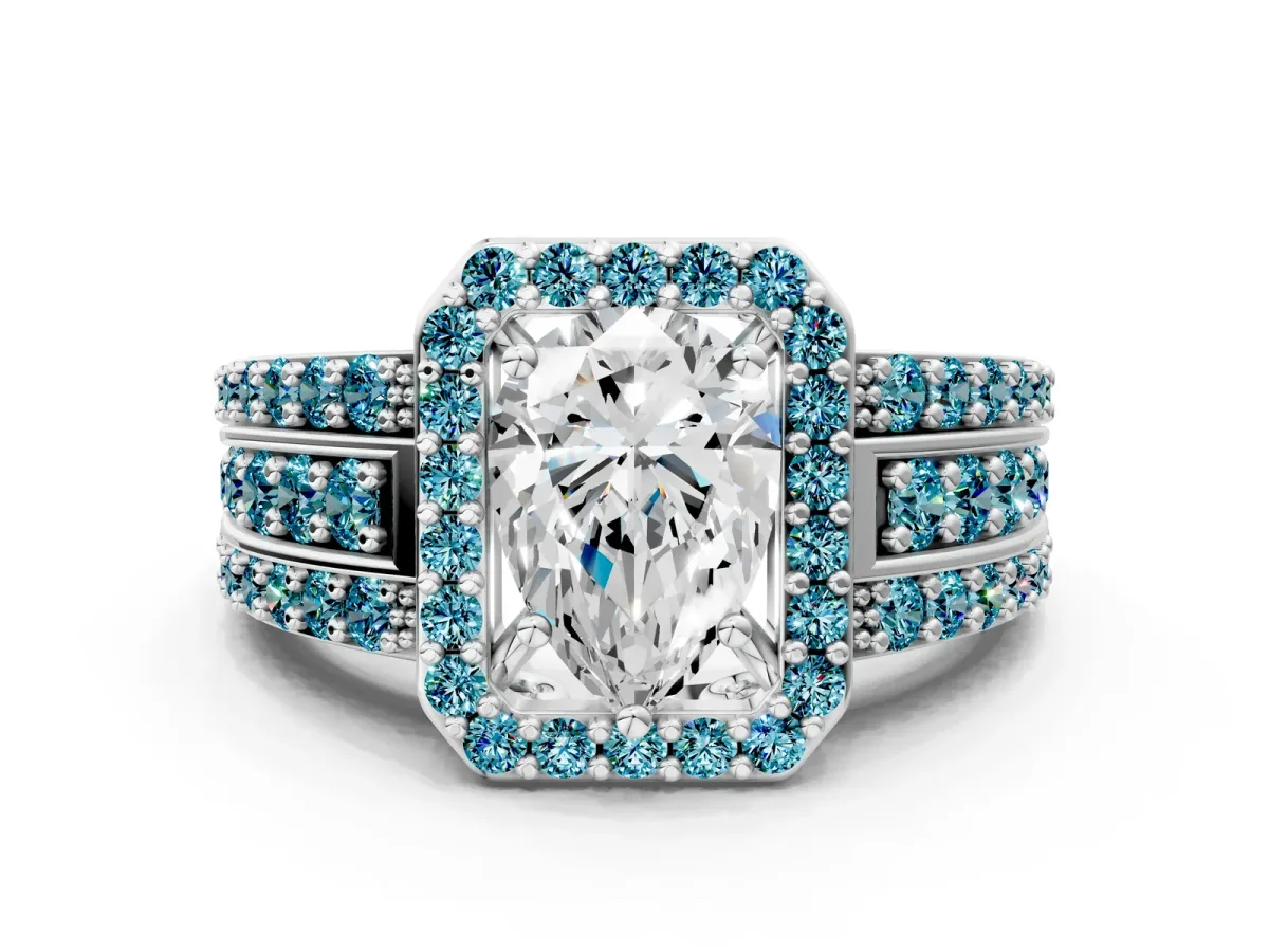 Pear Cut Halo Diamond Ring with Round Blue Topaz Split Shank and Prong Setting Platinum