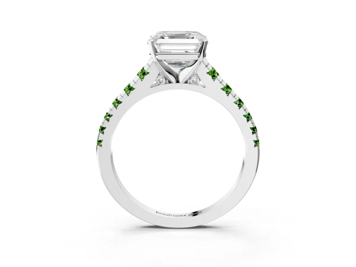 Asscher Cut Diamond Cathedral Solitaire Ring with Round Peridot Pavé Band Silver