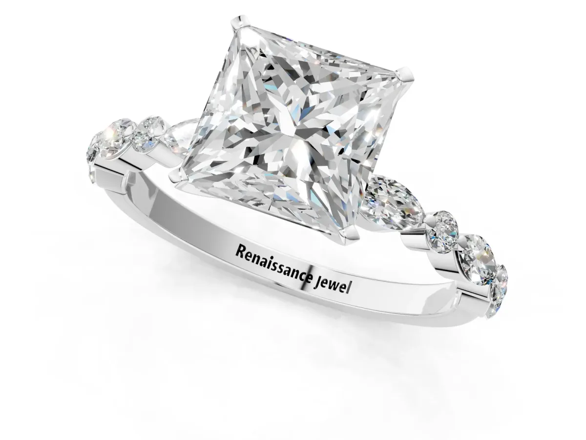 Princess Cut Diamond Ring with Marquise and Round Side Stones and Four-Prong Setting Silver
