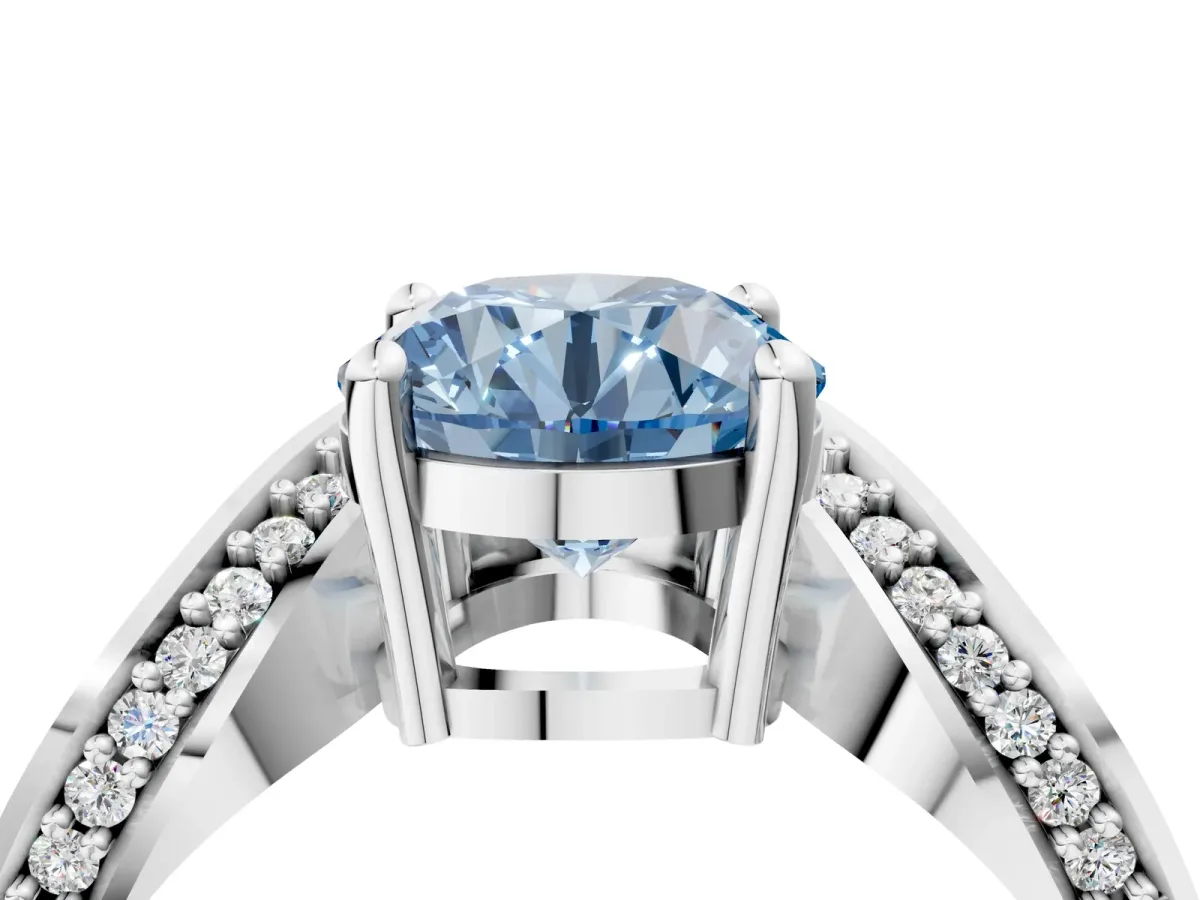 Fancy Blue Round Cut Solitaire Diamond Engagement Ring with Pave Band and Four-Prong Setting Platinum