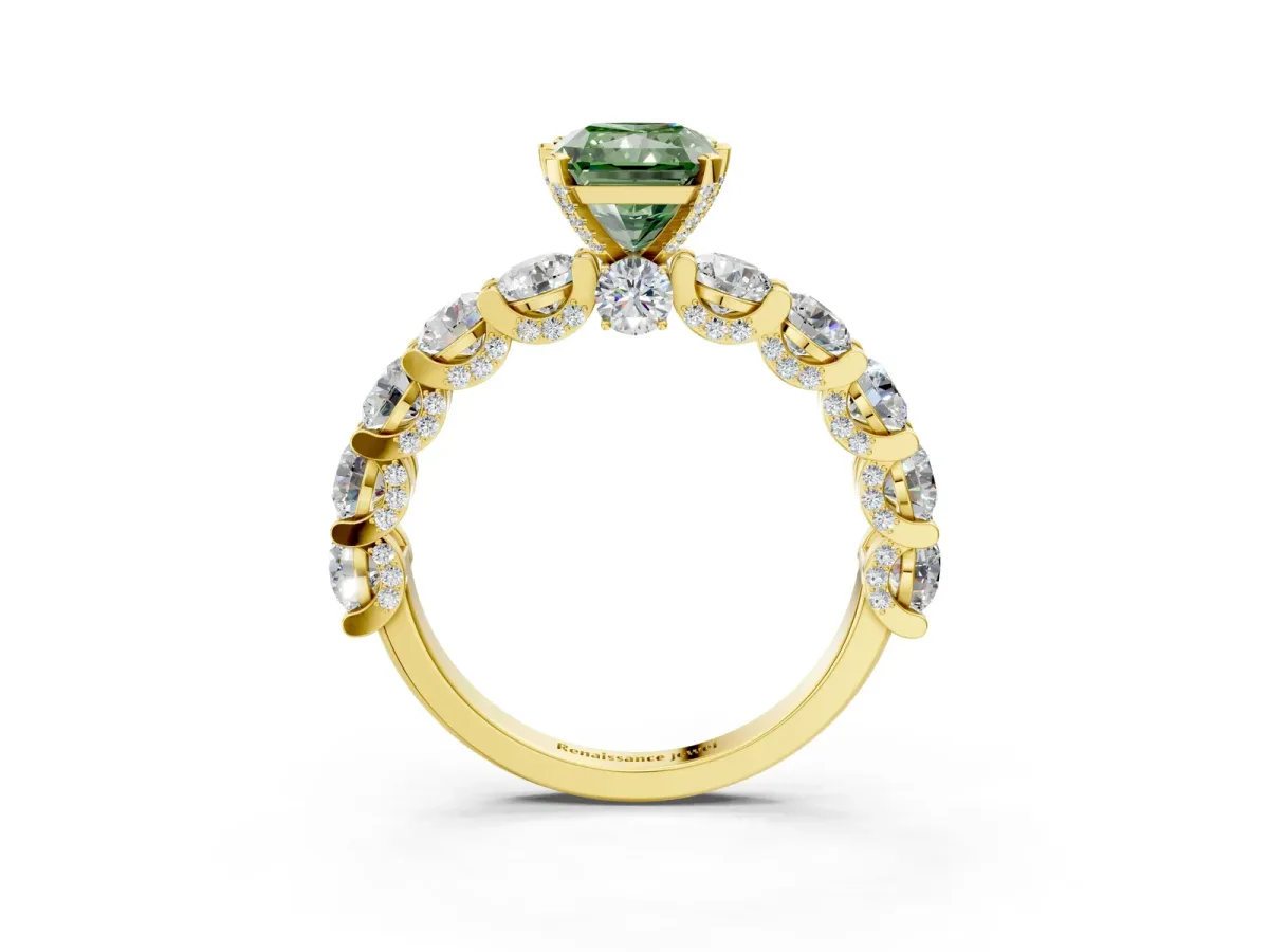 Fancy Green Radiant Cut Diamond Side Stone Engagement Ring with Four-Prong Setting Yellow gold