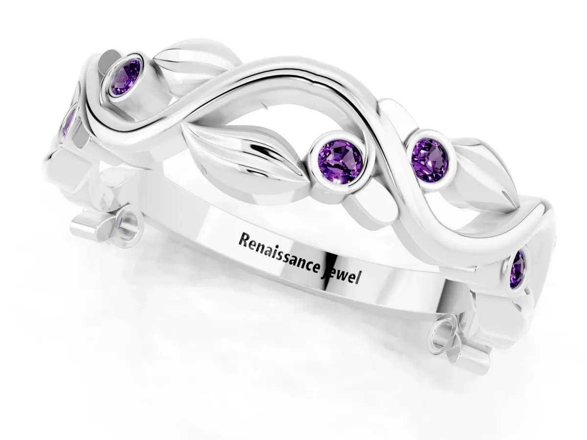 Round Amethyst Leaf Eternity Band with Bezel Setting White gold