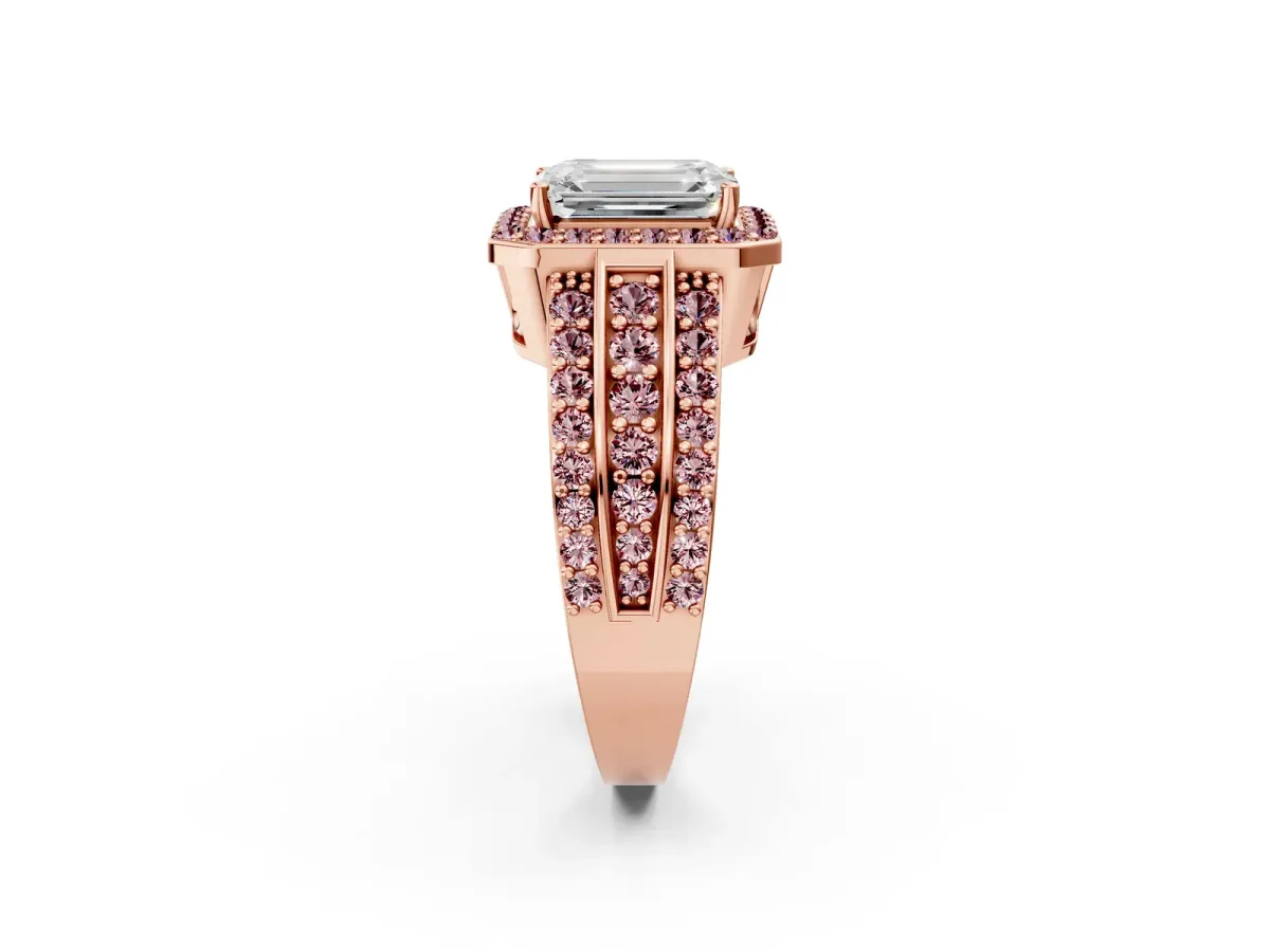 Emerald Cut Halo Diamond Ring with Round Morganite Split Shank and Prong Setting Rose gold