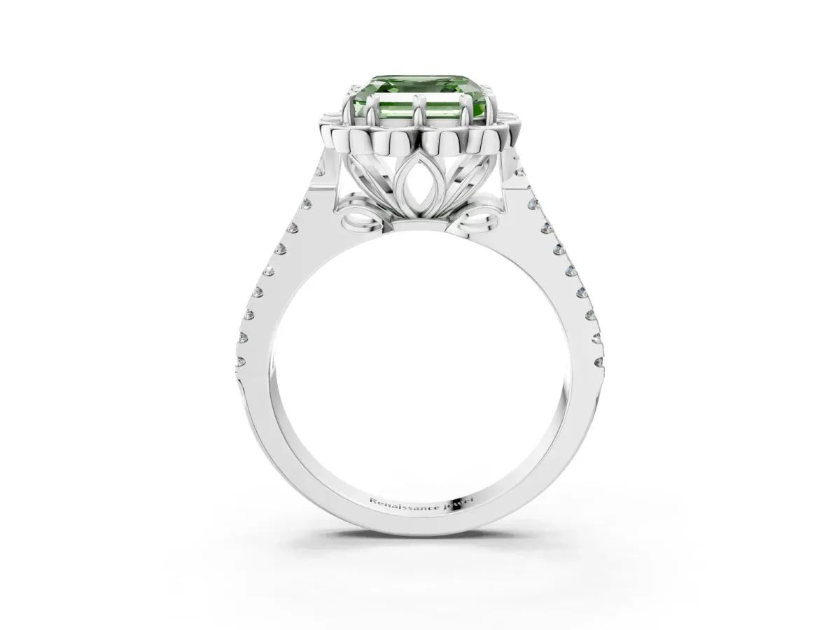 Fancy Green Asscher Cut Halo Diamond Floral Split Shank Engagement Ring Platinum